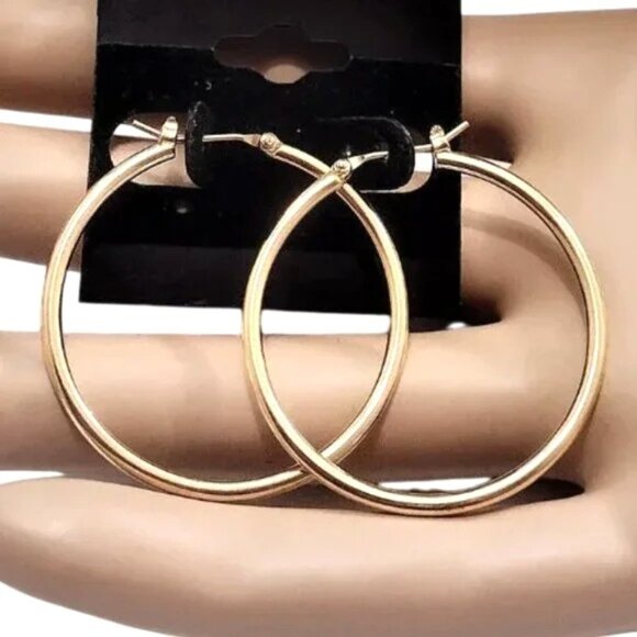 1 3/8 Inch 35mm Tube Hoop Pierced Post Earrings Gold Tone - Picture 1 of 6